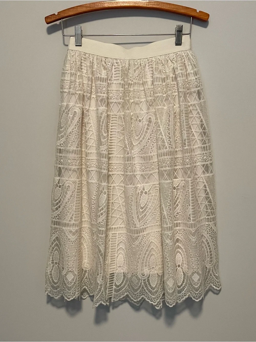 Cream Crochet Lace Midi Skirt S Small Boho Wedding Guest Coastal Granny Scallop - Picture 3 of 4